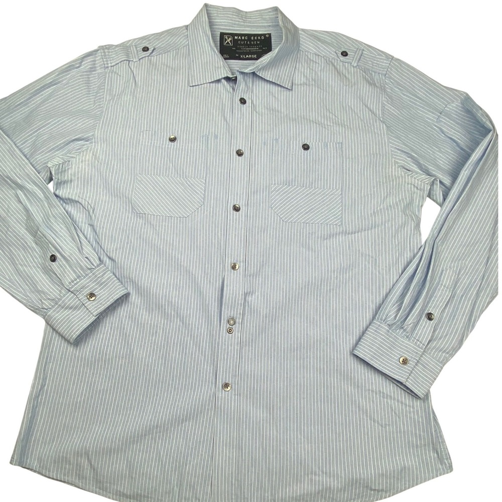Marc Ecko Cut & Sew Mens XL Blue White Striped Button Down Shirt Long Sleeve